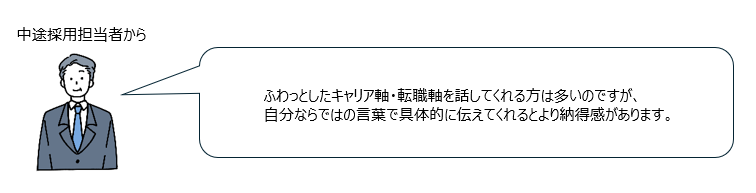 中途採用担当者からのコメント「ふわっとしたキャリア軸・転職軸を話してくれる方は多いのですが、自分ならではの言葉で
具体的に伝えてくれるとより納得感があります。」